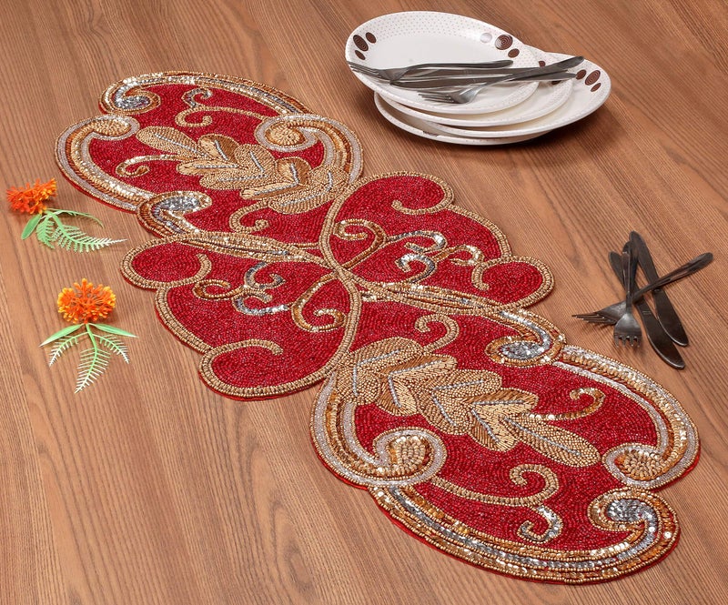 Light & Pro Lightnpro Christmas Beaded Table Runner 13x36 Inch - Maroon Gold Fancy Scrolled Design - Rustic Farmhouse Handmade Needle Work Holiday Table Centerpiece for Thanksgiving, Dining Room & Every DÃ©cor - Image 3